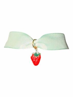 Gold Strawberry Charm Necklace with Mint Ribbon